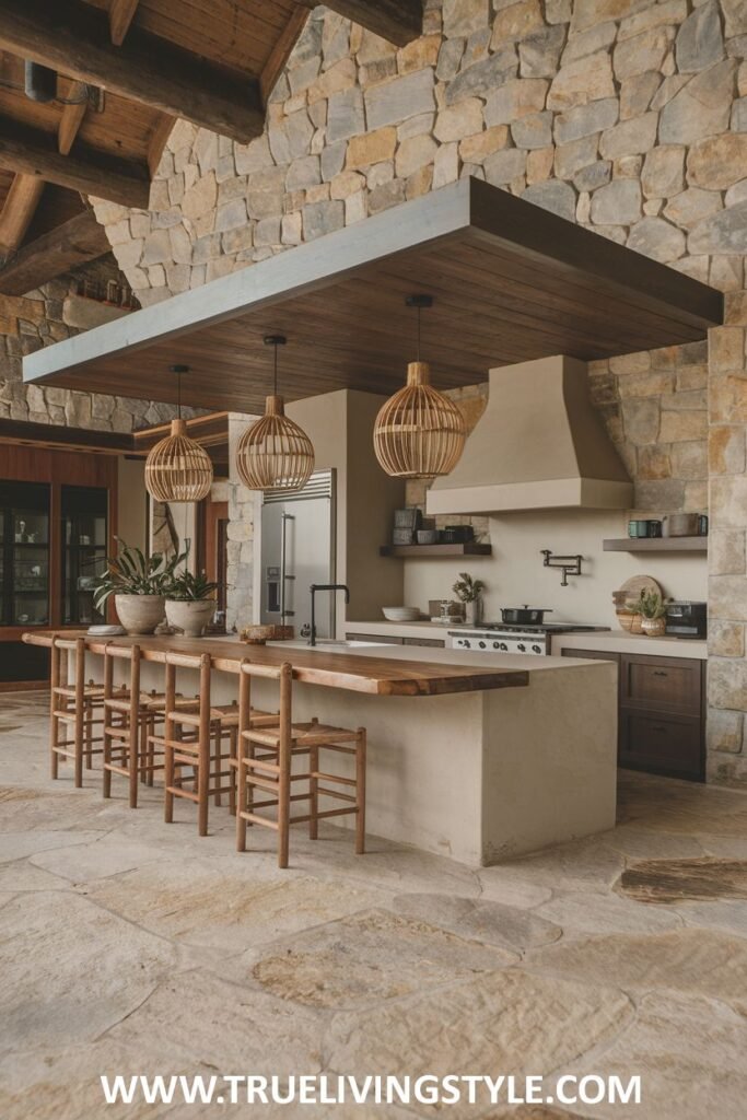 Outdoor kitchen with stone walls and concrete island.