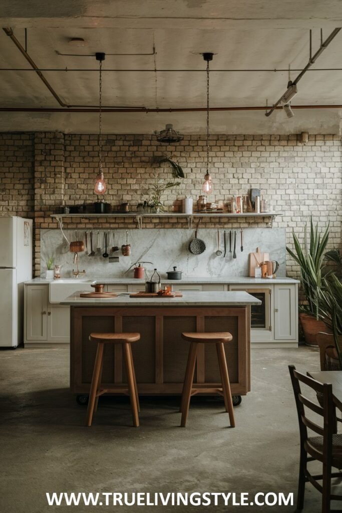 Industrial kitchen with brick walls and wooden island with marble top.