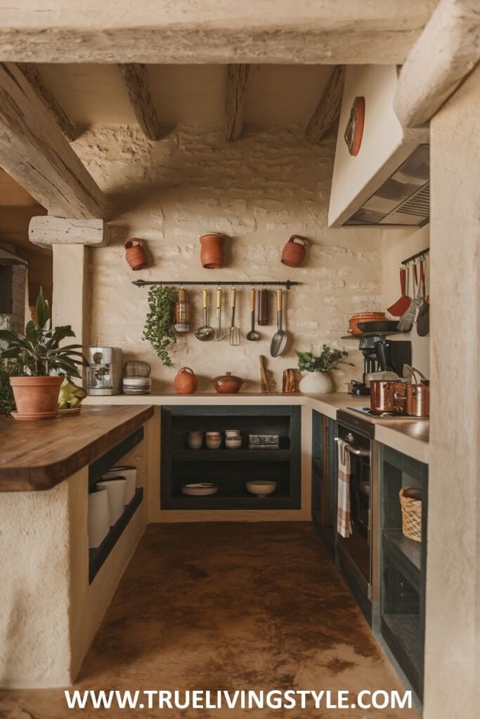 Rustic kitchen with textured walls and wooden counters.