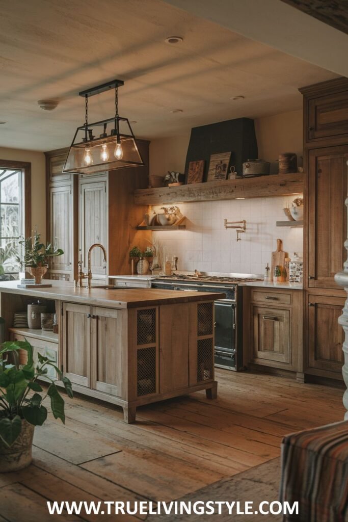 Rustic kitchen with wooden cabinets and black range.
