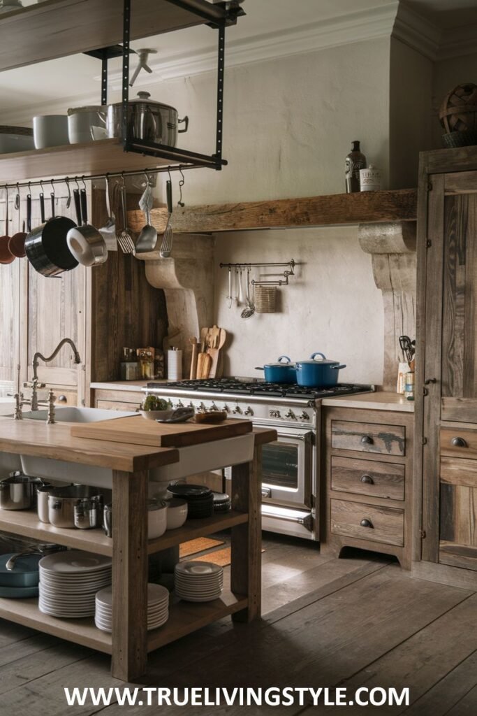 Rustic kitchen with wooden cabinets and white range.