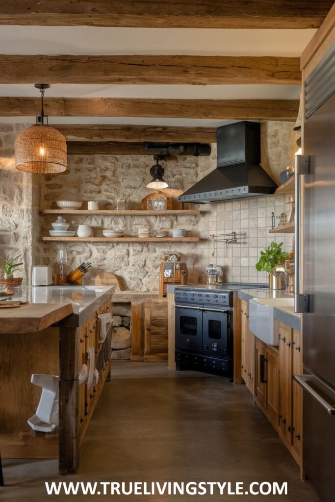 Rustic kitchen with stone walls, wooden shelves, and black range.