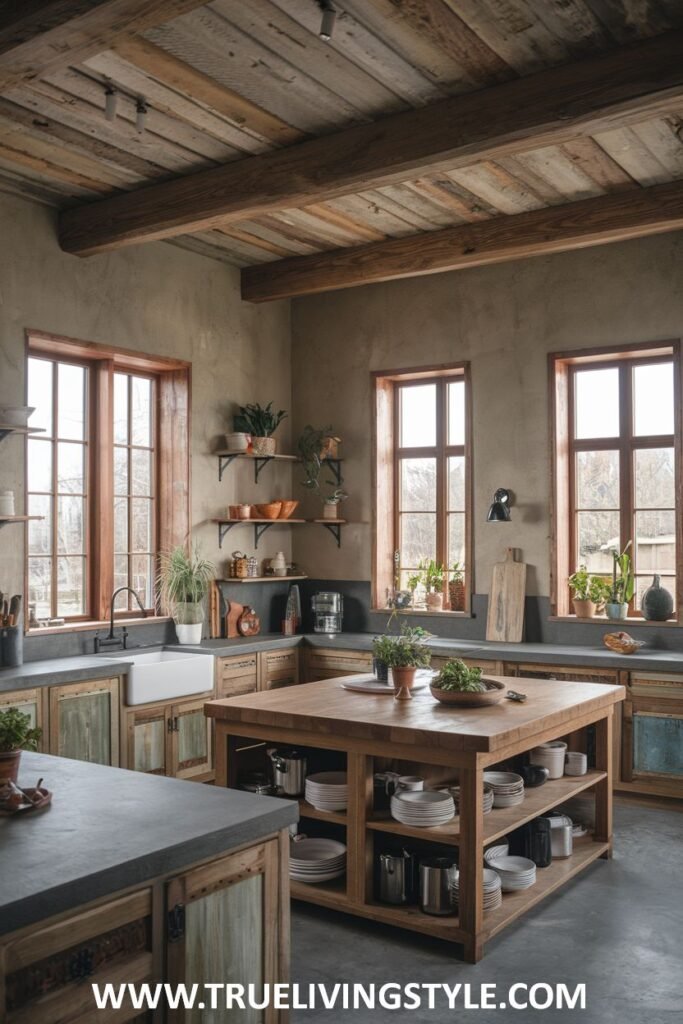 Spacious rustic kitchen with wooden cabinets and large wooden island.