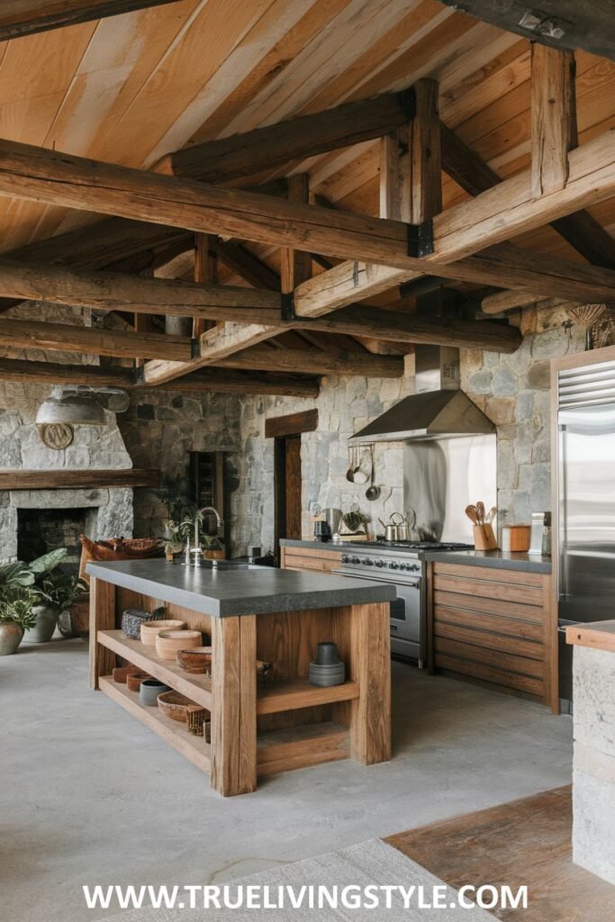 Rustic kitchen with wooden island, exposed beams, and stone walls.