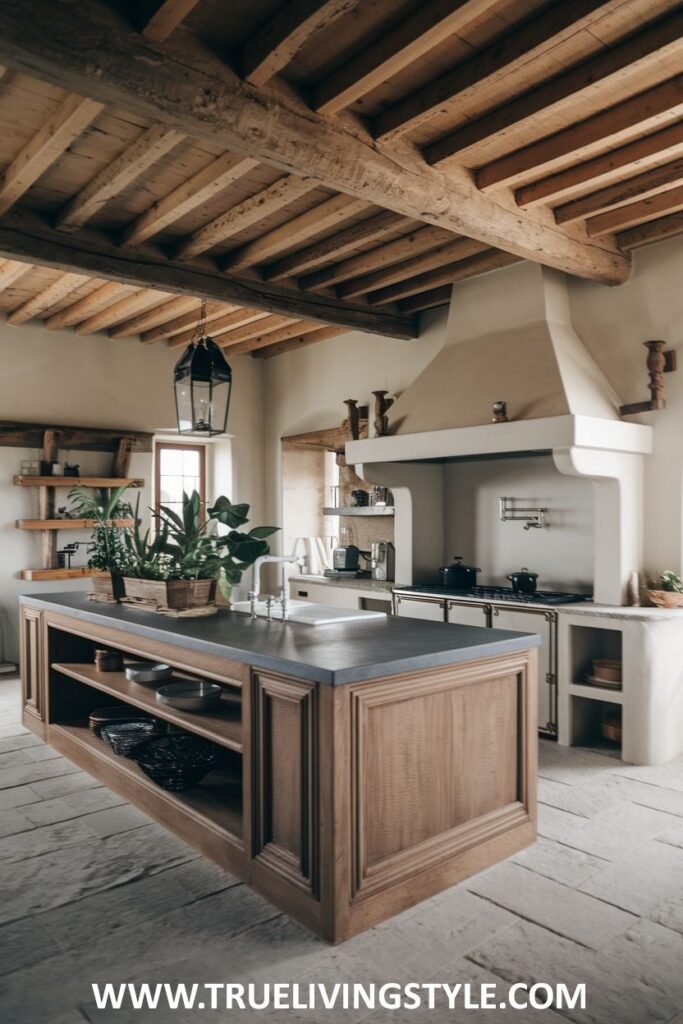 Rustic kitchen with large wooden island and exposed beams.