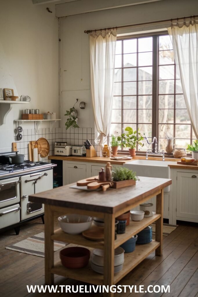 Farmhouse kitchen with wooden island and white range.