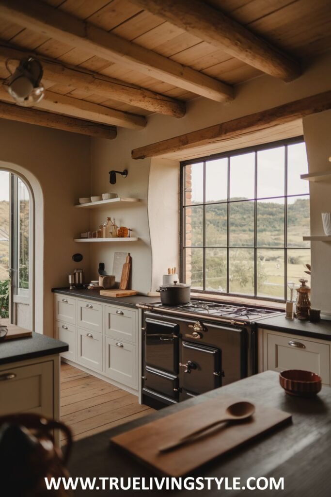 Rustic kitchen with dark range and exposed beams.