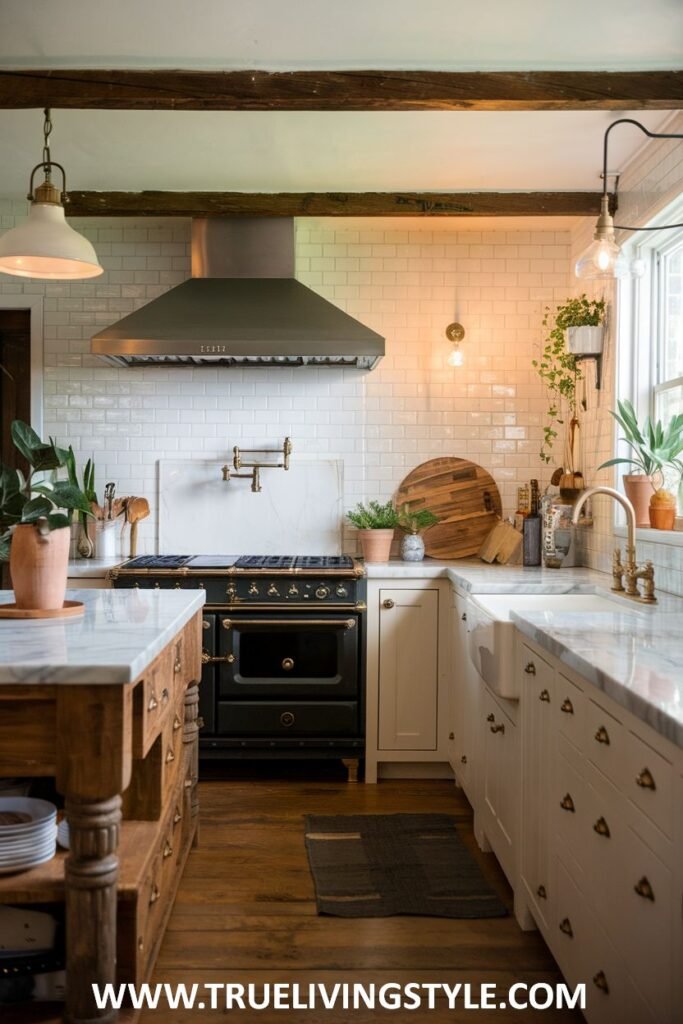 Kitchen with black range and wooden island with marble top.
