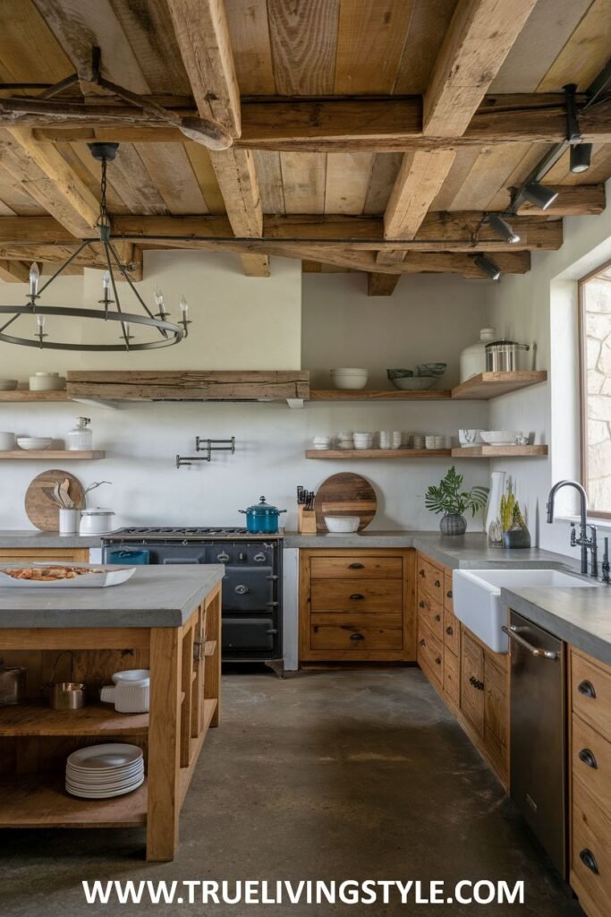 Rustic kitchen with wooden island, black range, and exposed beams.