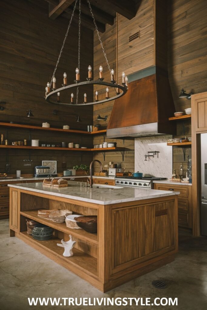 Kitchen with wooden island, marble top, and chandelier.