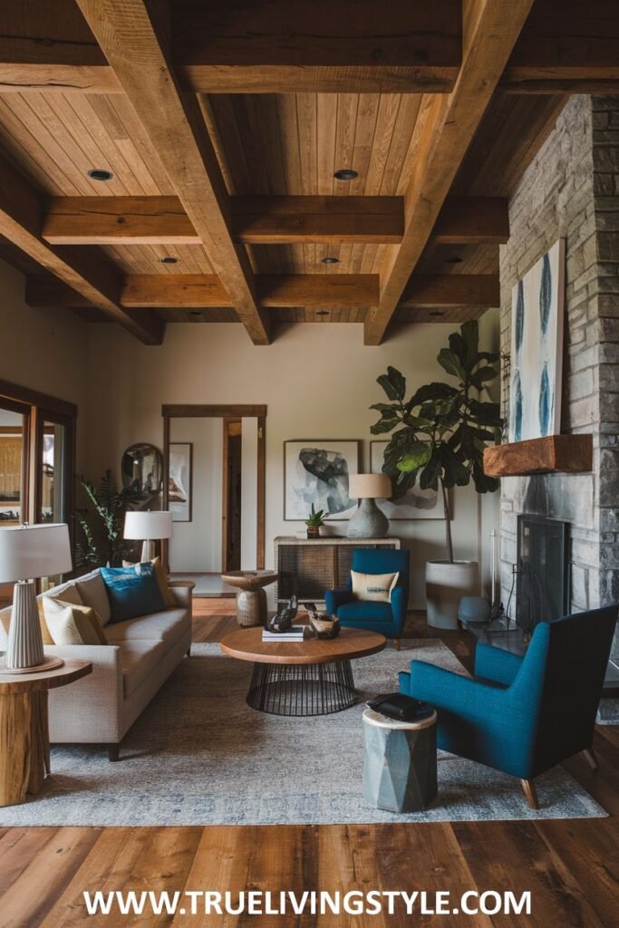 Living room with wooden ceiling beams, a stone fireplace, and blue accent chairs.