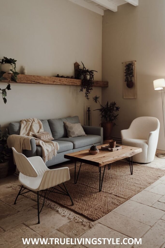 Living room with a gray sofa, wooden coffee table, and a jute rug.