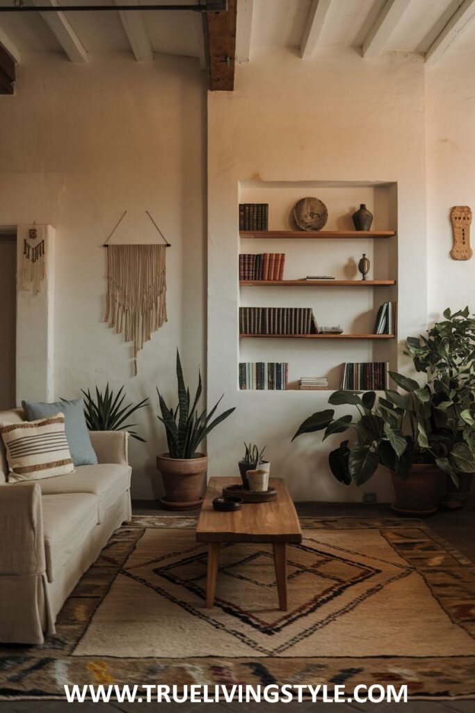 Living room with white walls, wooden shelves, and a neutral-colored sofa.