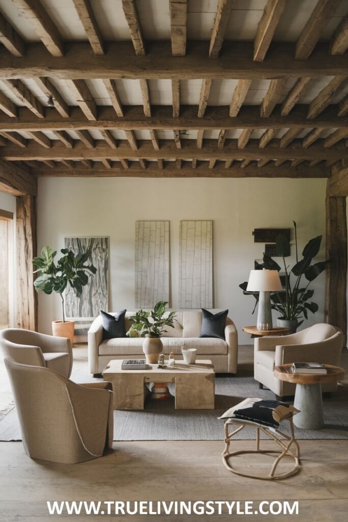 Living room with wooden ceiling beams and neutral-colored furniture.