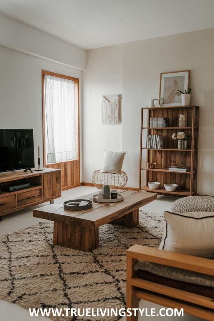 Living room with white walls, a wooden bookshelf, and a large wooden coffee table.