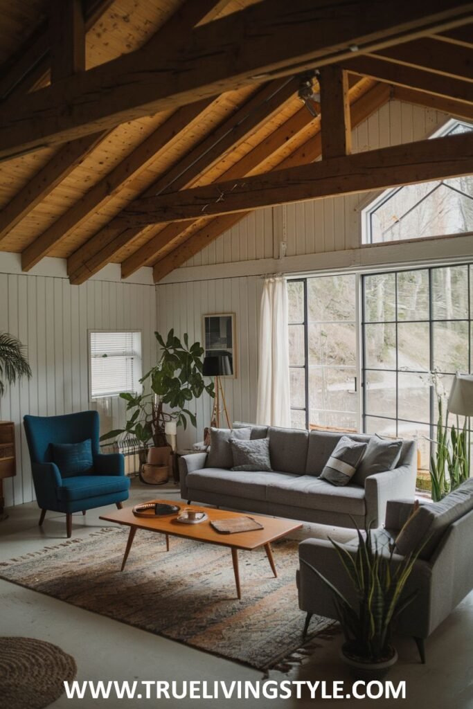 Living room with wooden ceiling beams, a gray sofa, and a blue armchair.