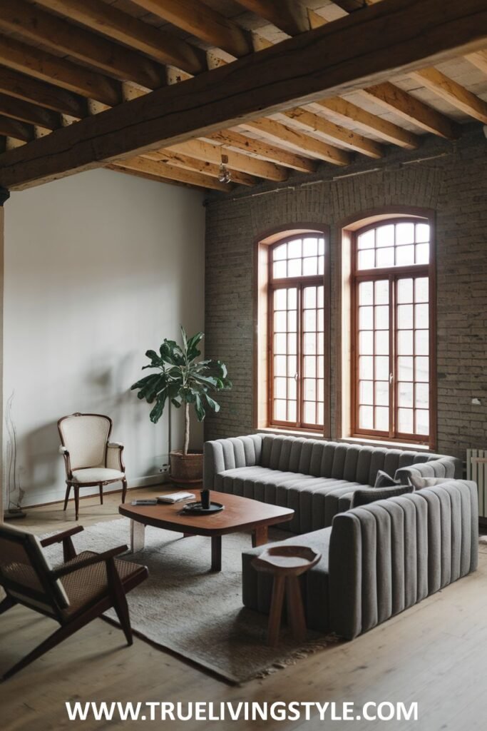 Living room featuring brick walls, wooden ceiling beams, and a gray sectional sofa.