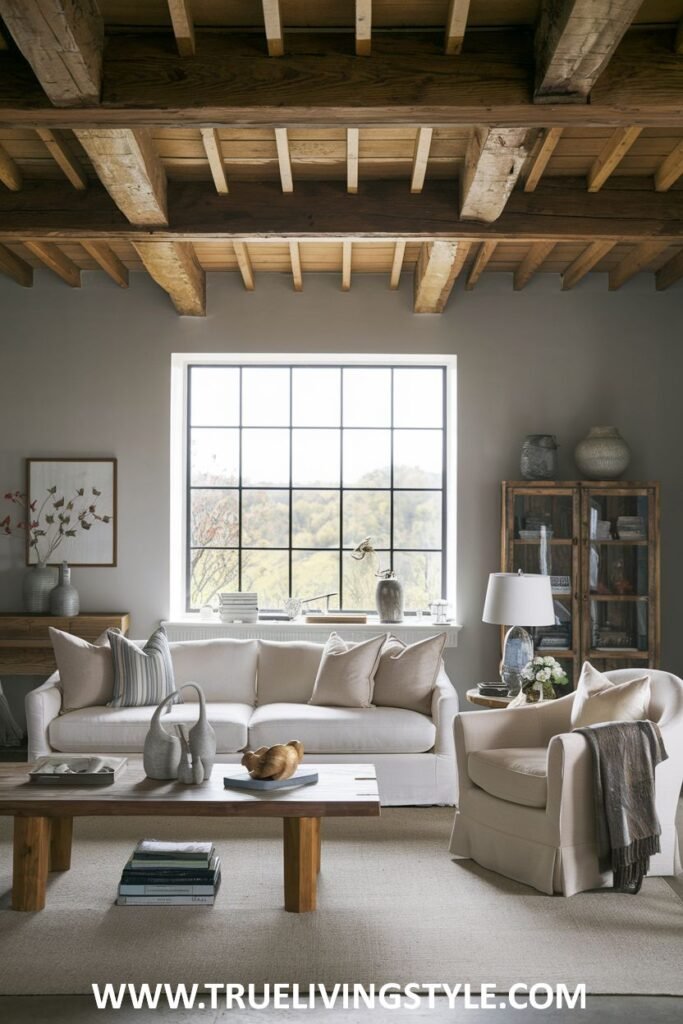 Living room with wooden ceiling beams, a large window, and a white sofa.