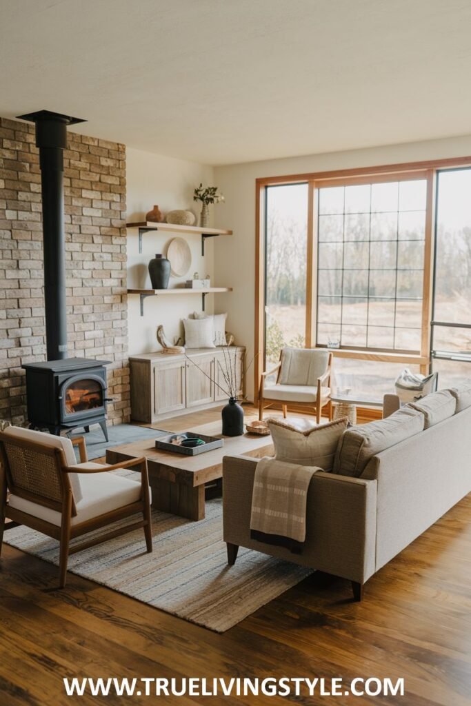 Living room with brick accent wall, wood-burning stove and large window.