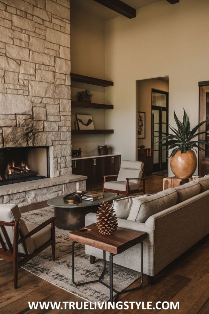 Living room featuring a stone fireplace, wooden beams, and neutral-colored furniture.