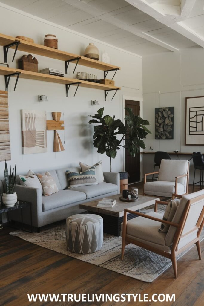 Living room with white walls, floating shelves, gray sofa and light wood furniture.