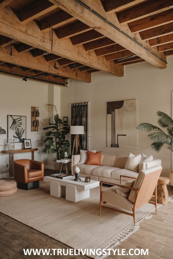 Living room with wooden ceiling beams, white sofa and light colored rug.