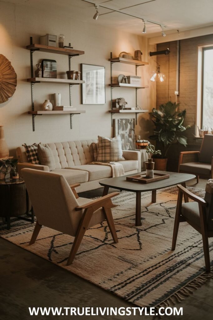 Living room with floating shelves and tribal style rug.