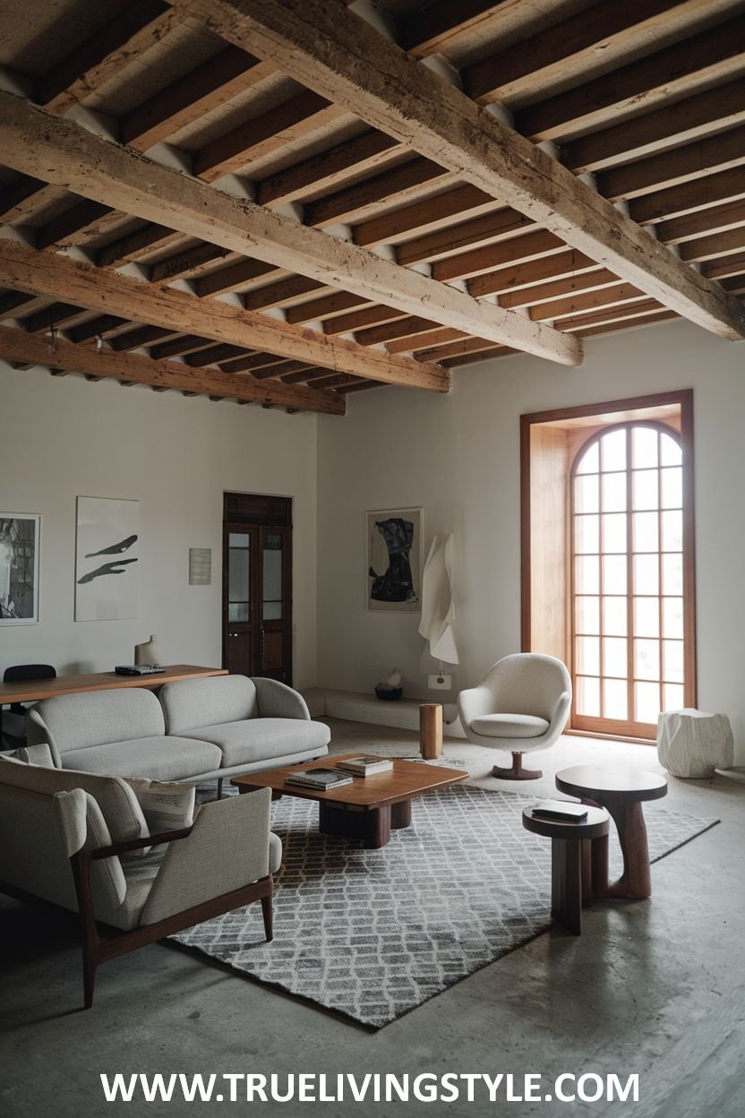 Living room with wooden beams, and light colored furniture.