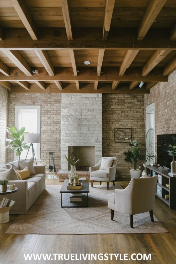 Living room with a brick wall and fireplace, wooden ceiling beams, and neutral-colored furniture.