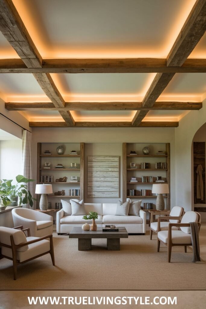 Living room with white walls, wooden ceiling beams with lights, a white sofa, and built-in bookshelves.