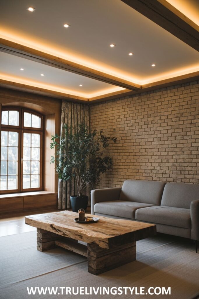 Living room with brick walls, a gray sofa, a large wooden coffee table, and ceiling beams with lights.