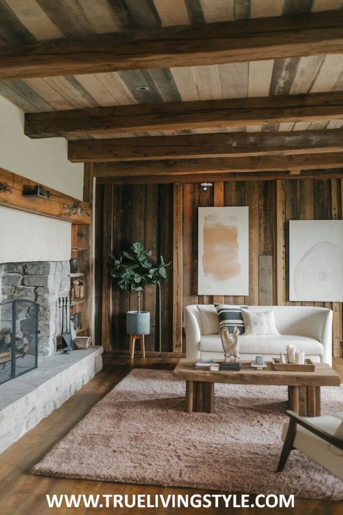 Living room with wooden walls and ceiling, a stone fireplace, and a white sofa.