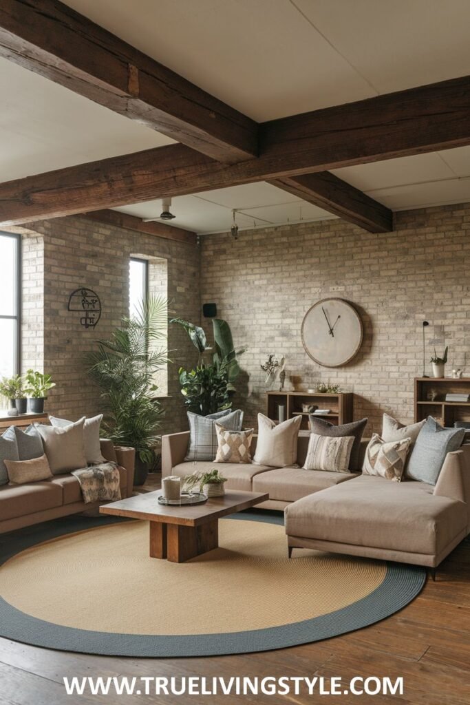 Living room with brick walls, wooden ceiling beams, a sectional sofa, and a round rug.