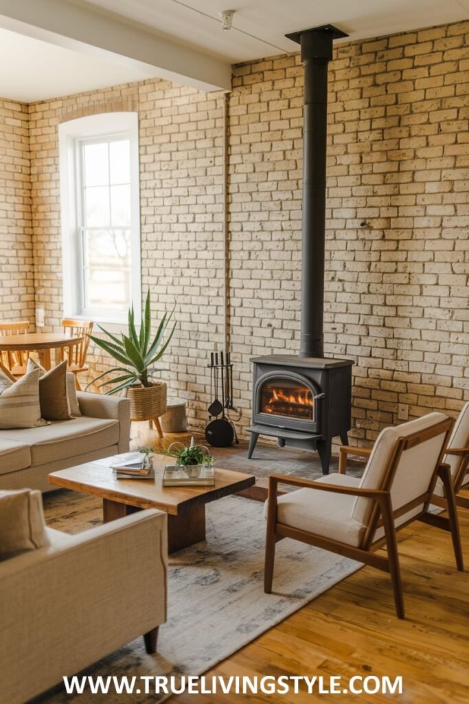 Living room with brick walls, a wood-burning stove, and neutral furniture.