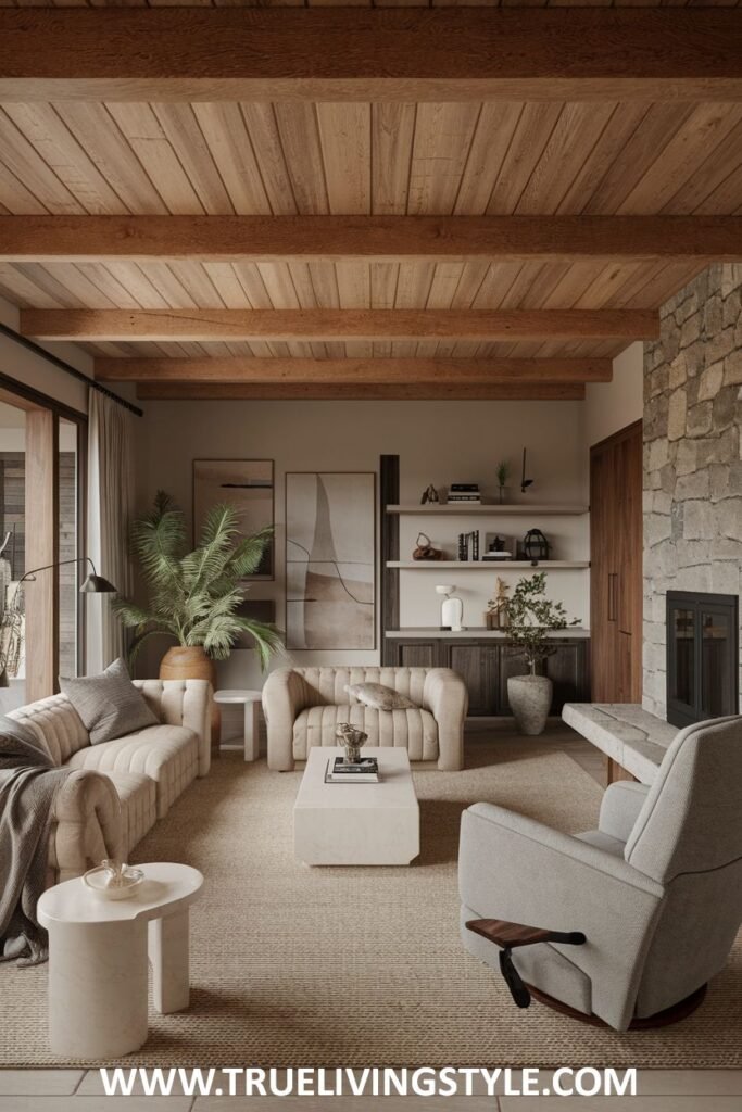 Living room featuring neutral tones, wooden ceiling, two sofas and chairs.