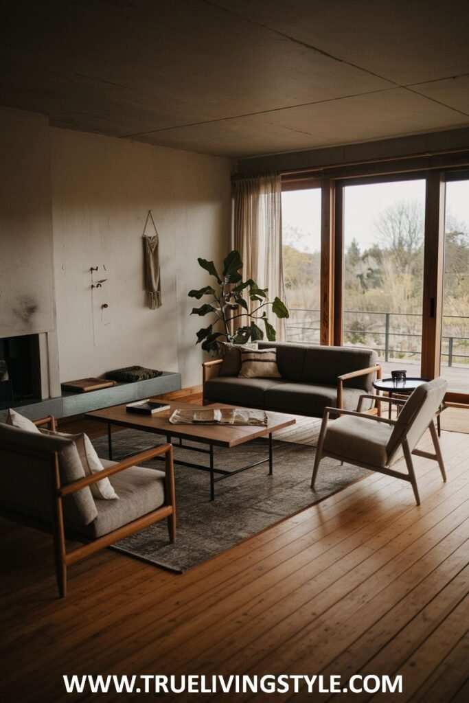 Living room with a minimalist design, wooden floors, and neutral-colored furniture.