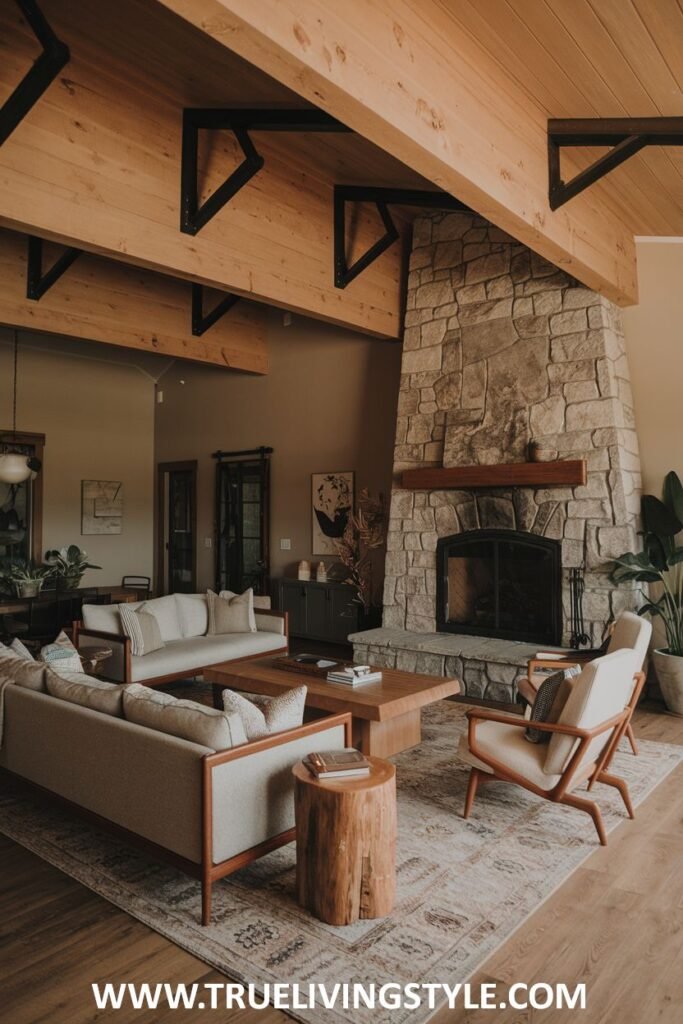 Living room with wooden ceiling beams, a stone fireplace, and neutral-colored furniture.