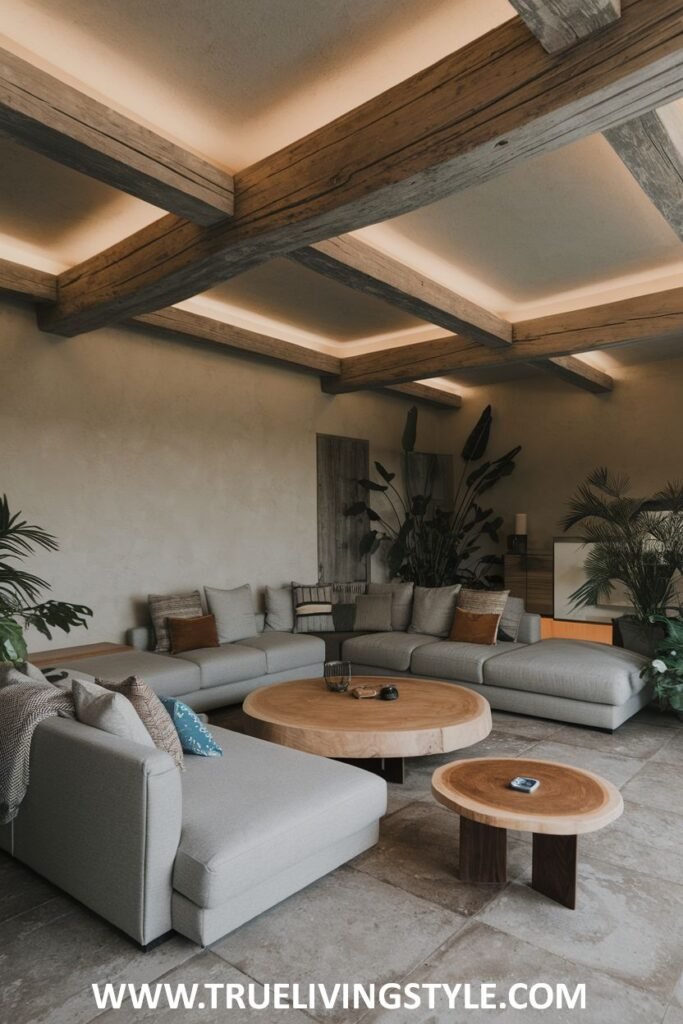 Living room with wooden ceiling beams and lights, a large gray sectional sofa, and a round coffee table.