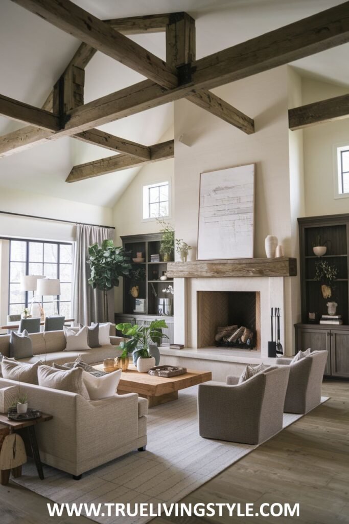 Living room featuring wooden ceiling beams, a fireplace, and a large sectional sofa.