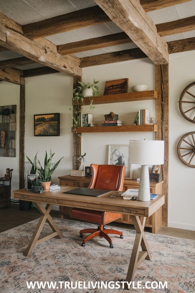 A stylish rustic office blending a wooden desk with a unique "X" base.