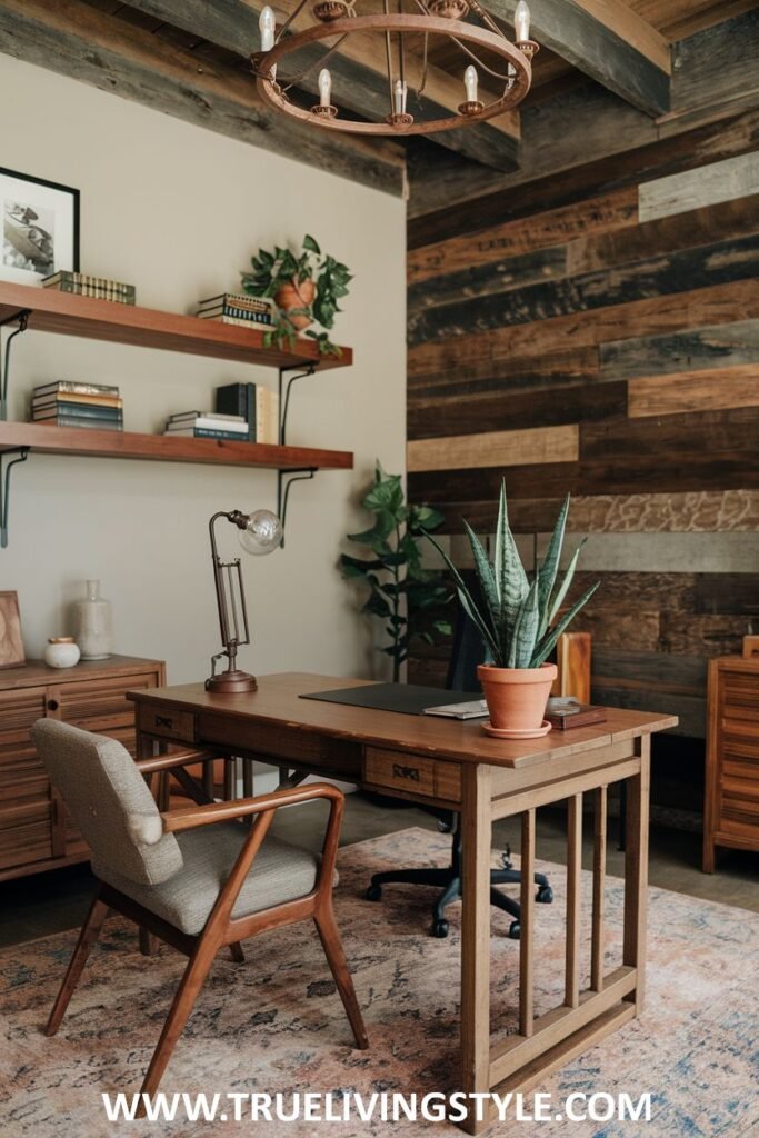 A visually interesting office with wood paneling on an accent wall.