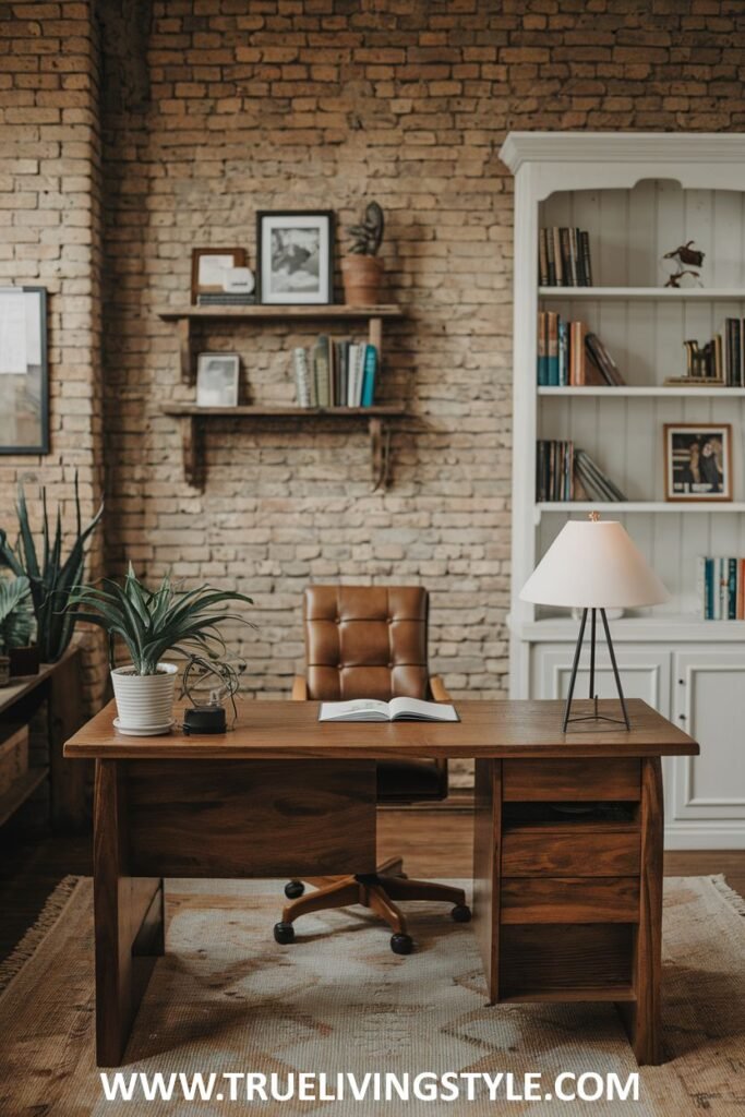 A rustic office showcasing exposed brick with floating shelves displaying books and plants.