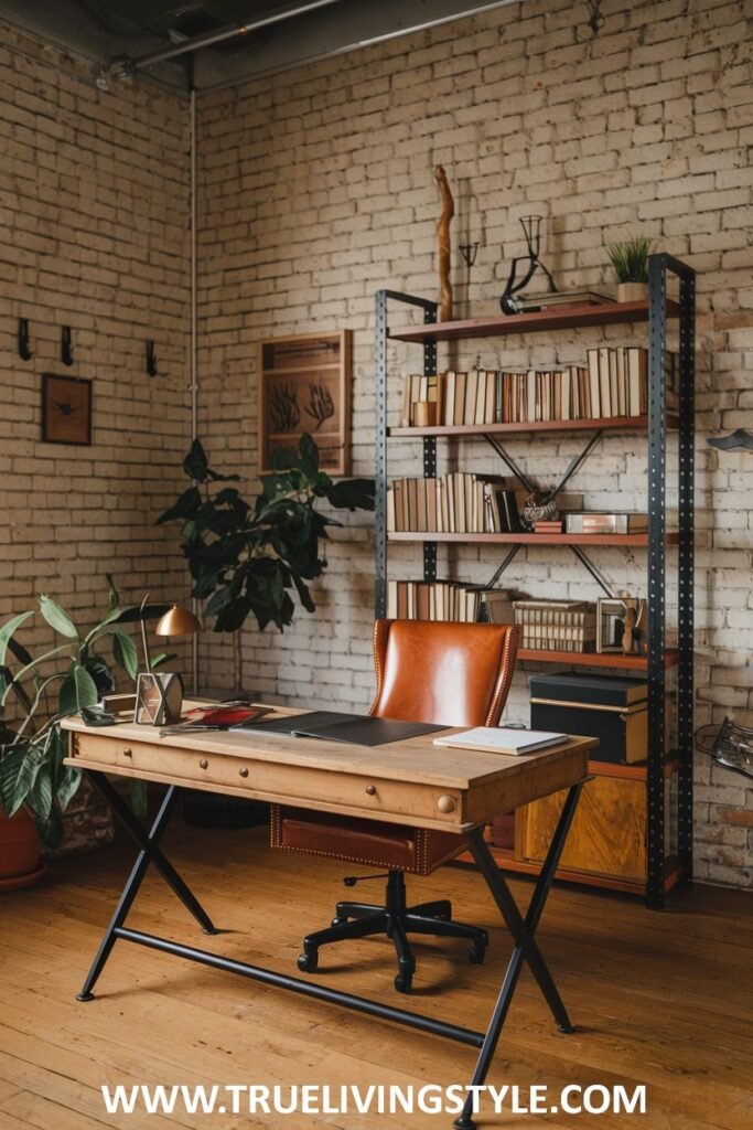 An industrial-edged rustic office with metal accents complementing a wooden desk.