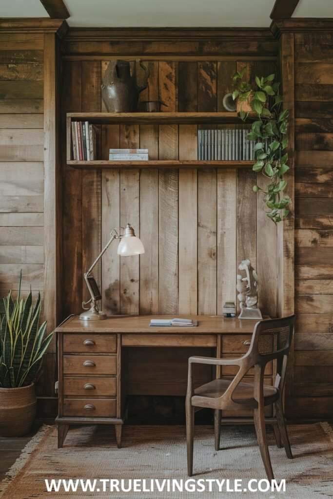 A cohesive rustic look with a wooden desk paired with a matching wooden chair.