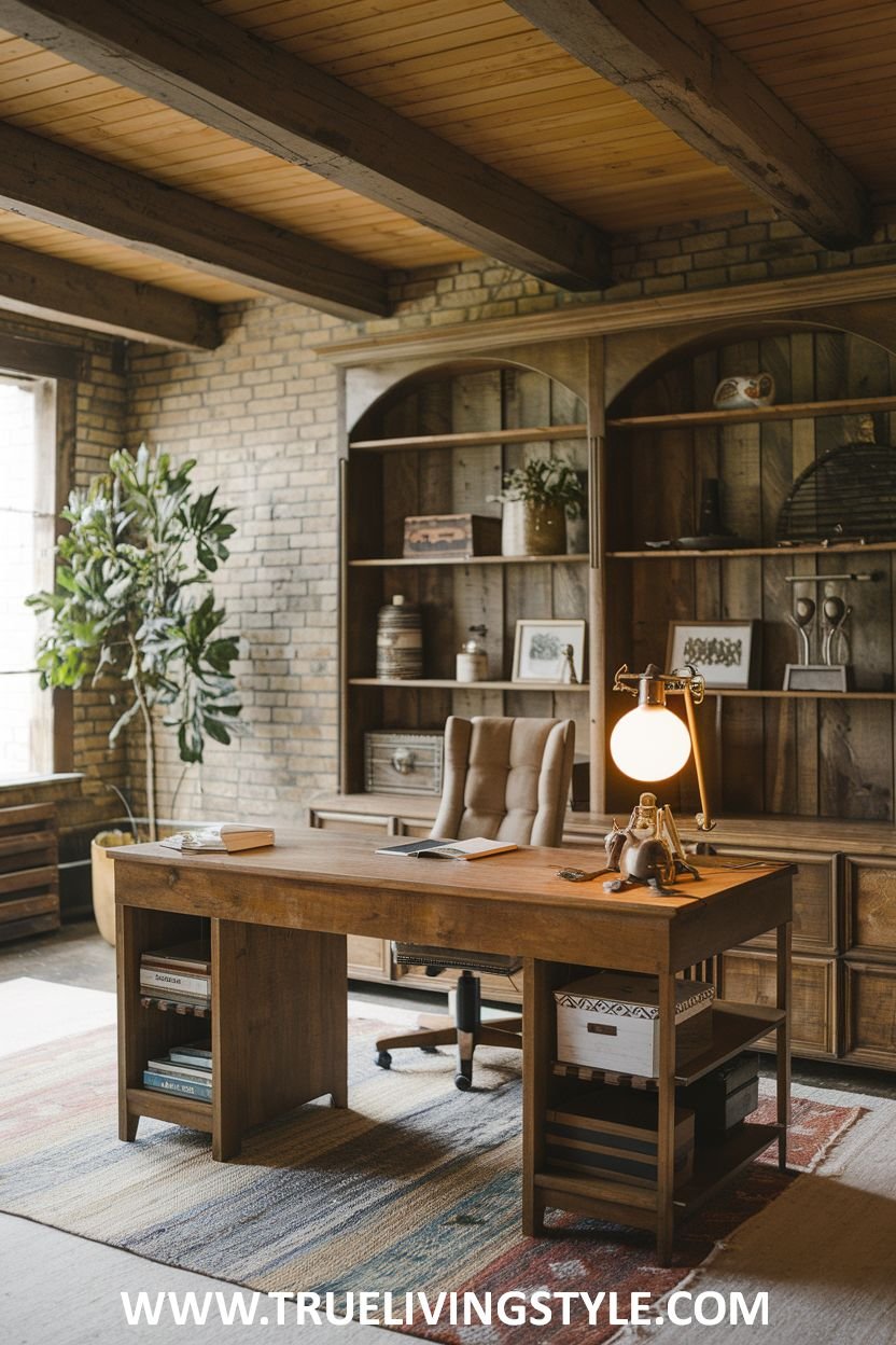 A layered rustic office design mixing wooden furniture, leather accents, and soft textiles.