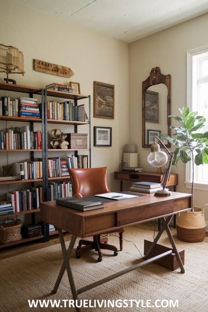 A rustic office enhanced with a wooden bookshelf for storage and display.