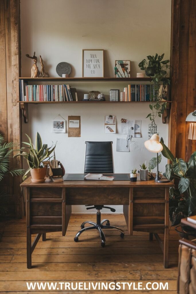 A sleek rustic office featuring a space-saving floating desk with minimalist touches.