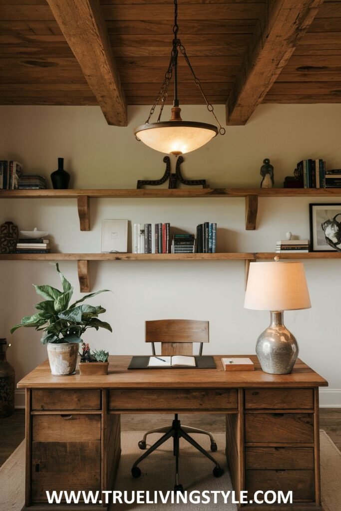 A stylish office using a rustic chandelier to add character and illumination.