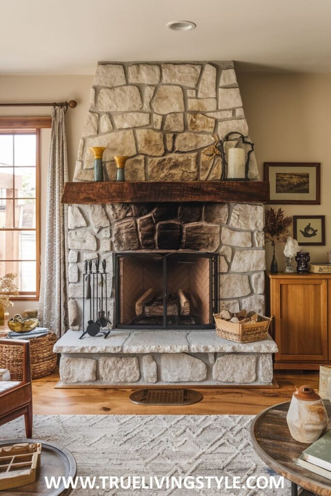 A stone fireplace with a wooden mantel in a room setting.