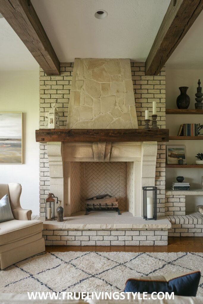 A stone fireplace with a partial stone facade and wooden beams.